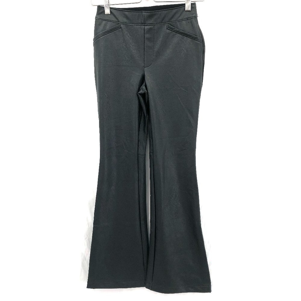 Spanx faux vegan leather pull on mid rise stretch pants flare leg black S